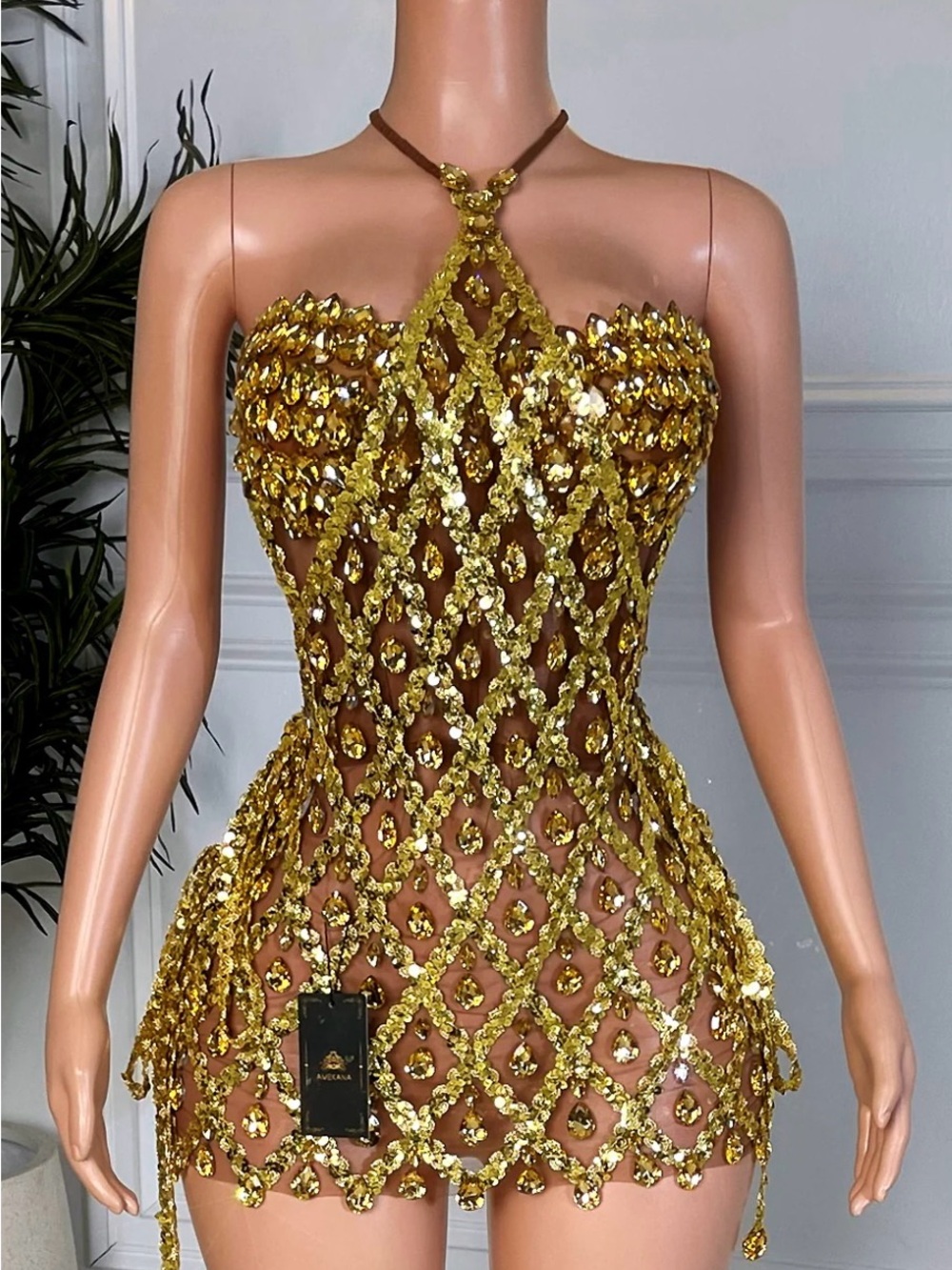Gold Sequin Halter Mini Dress by